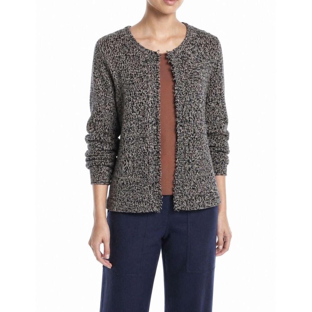 Eileen Fisher Organic Linen Fringe Trim Knit Long Sleeve Cardigan